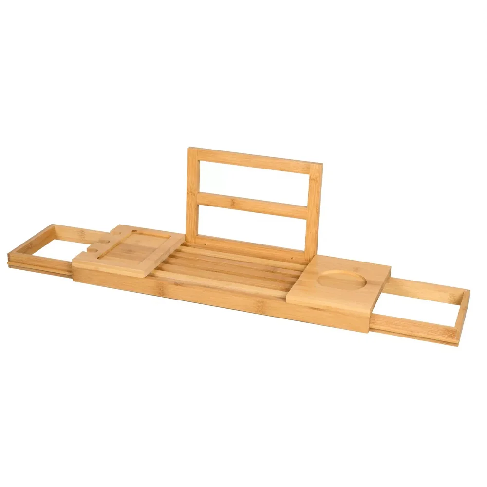 product bamboo bathtub caddy extendable bath tray with wine glass phone book holder luxury spa bathroom organizer for relaxing bath-7