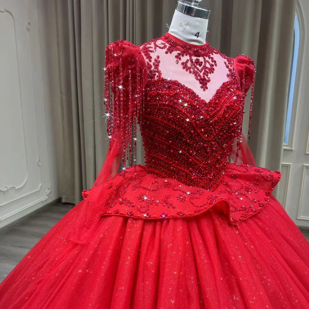 Chic Long Sleeve Dark Red Lace Appliques Rhinestones Crystals