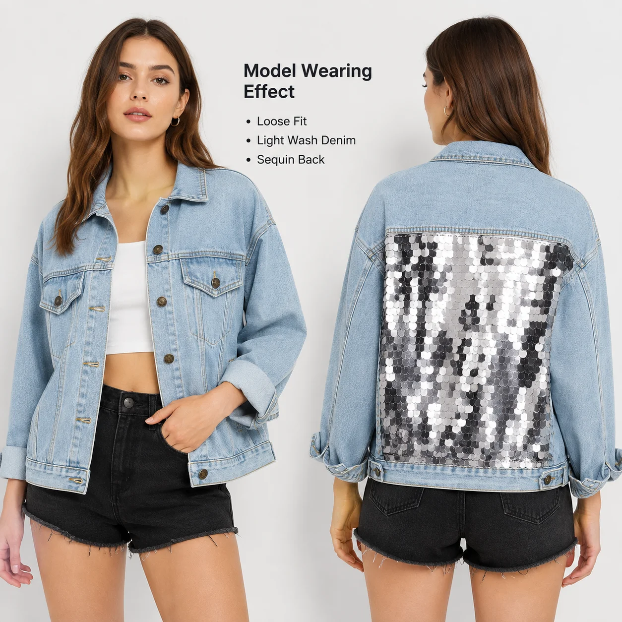 Custom Women's Oversized Vintage Denim Jacket Long Sleeve Cropped Coat with Fringe Sequin Embroidered Design