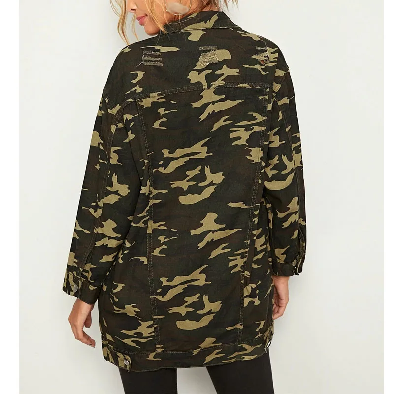 Womens Camo Jean Jasje Gescheurde Windjack Lange Vrouw