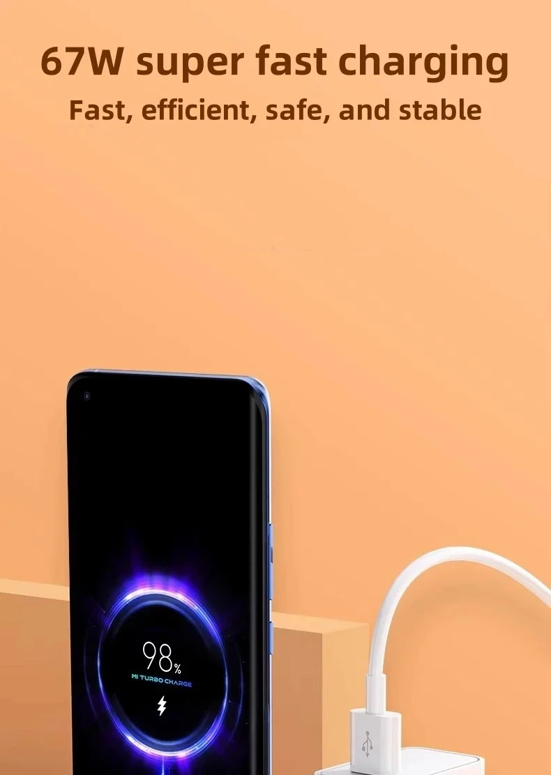 67W USB C Fast Charging Cable Quick Charge Type C Power Cord for Redmi Note 14 13 10 T Pro Mobile Phone