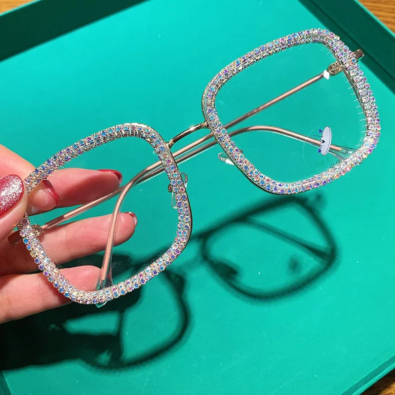 Rhinestone Glasses Women Clear Lens Square Oversized Sunglasses Custom