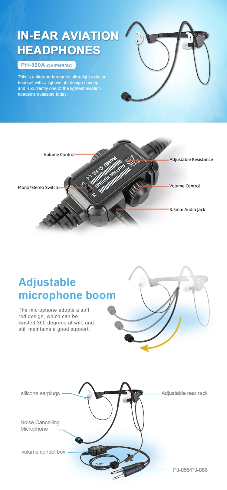 Raytalk Ph500a High Quality In Ear Pilot Headset Ga Aviation Headset