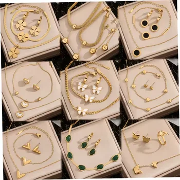 18K Gold Stainless Steel Jewelry Sets Letter Clover Shell Butterfly Heart Pendant Necklace Earrings Bracelet Set For Women