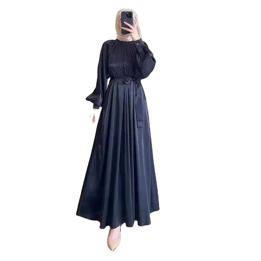 Spring and Autumn New European and American Round Neck Pleated High Waist Tied Slim Fit Long Sleeved Muslim Dress