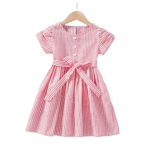 2021 Cotton Children Clothing Fashion Waist Princess Dress Summer O Neck Casual Short Sleeve Stripe Print a Line Girls Dresses