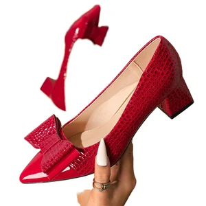 Women Serpentine Bowtie Pointed Toe Block Heels Pumps Ladies Large Sizes High Heel Dress Shoes Daily Casual Slip-on Office Pumps