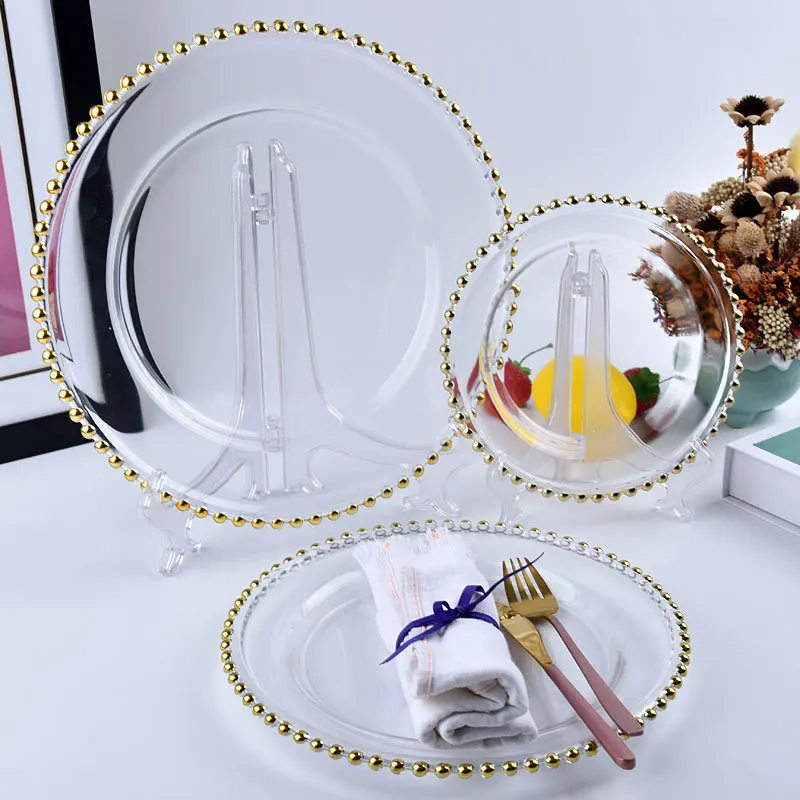 DD1294 Wholesale Clear Glass Gold Beaded Plates Couture Charger Tableware  Weeding Decor Dish Dinner Plate With Beaded Rim - Main Image