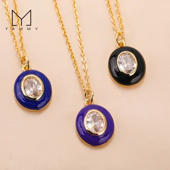 New Arrival Oval Gold Charms Pendants Necklace,Diamond Zircon Pendants Colorful Enamel Necklace