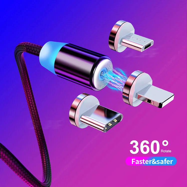 Магнит 3 в 1 Type-C, оптовая продажа, светодиодный нейлоновый Плетеный Магнитный зарядный кабель Micro Usb для мобильных телефонов/