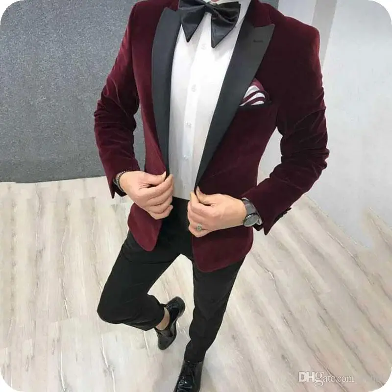 Mens Slim Fit Burgundy 2 Pieces Wedding Groomsmen Tuxedos Prom Party Business Blaser Taper Pants Suit 