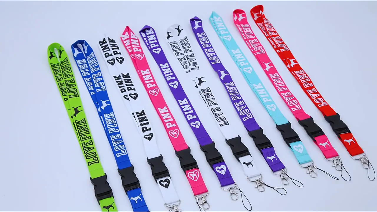 Polyester Silkscreen Printing Love Lanyard Pink Pom Pom Keychain