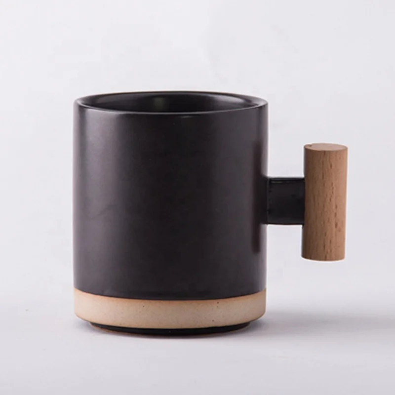 Korean Style Stock Available Color Blue  350 ml 12 oz Ceramic Coffee Mug Cup  with Wood Handle