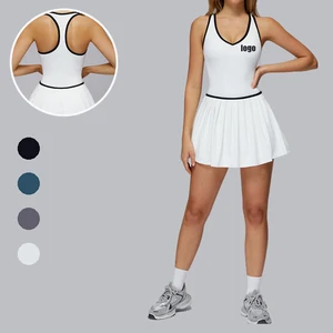 Wholesale Racer Back  Soft Stretch Sleeveless Tennis Skirt Pleated One Piece V Neck Tennis Skirt