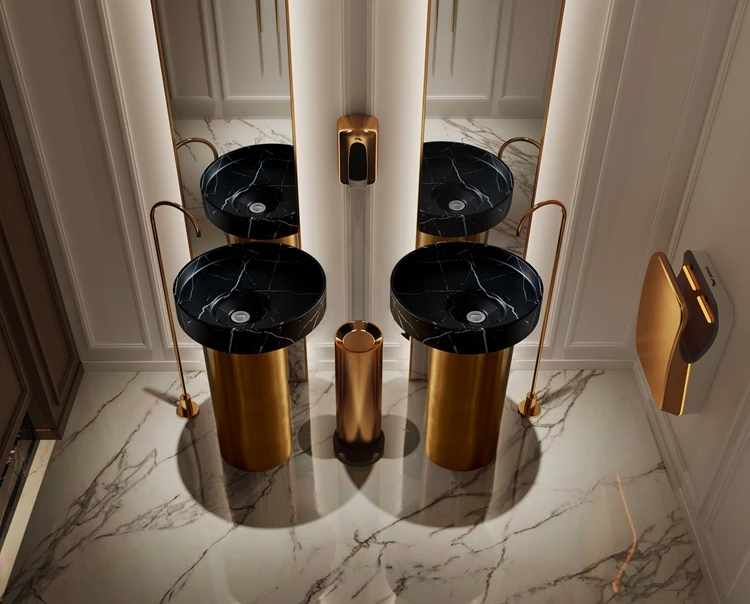 Italy Low-key Luxury Golden 304 Stainless Steel Pedestal with Black Marbke Wash Basin Bathroom Basin Sink  for Hotel Bathroom