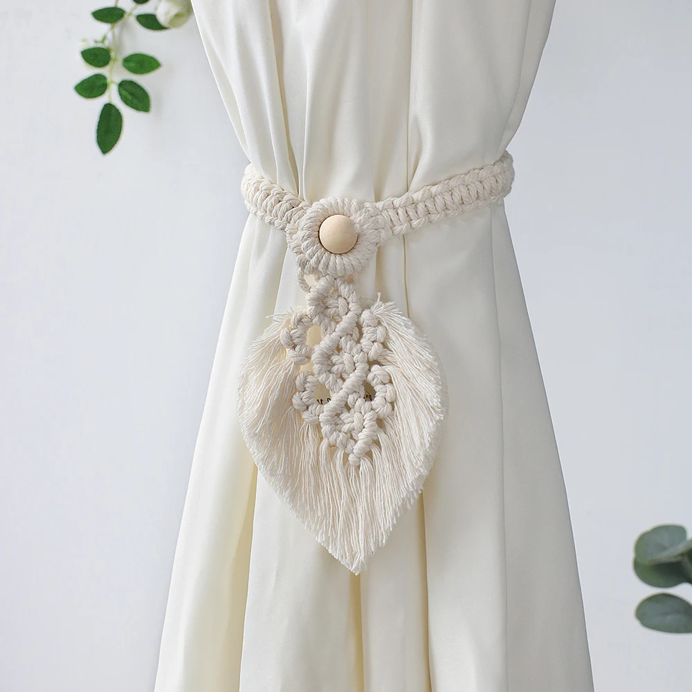Boho Macrame Curtain Tiebacks Wood Bead Garland With Tassels Curtain Rope Farmhouse Decor Fringe Curtains Accessories for Room