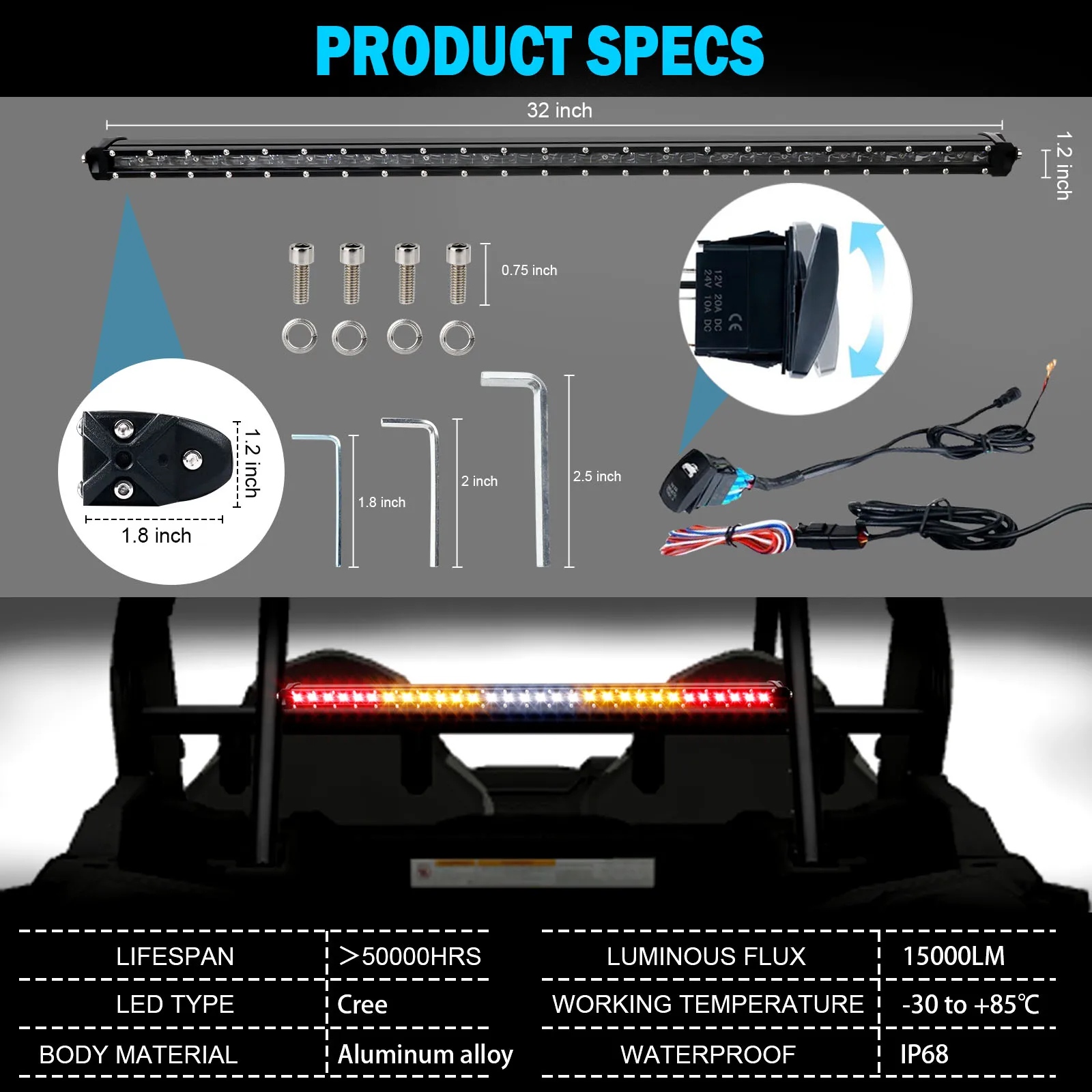 Offroad Rear Chase Led Strobe Light Bar With Brake,Turn Signal,Reserve For Utv Atv Can Am