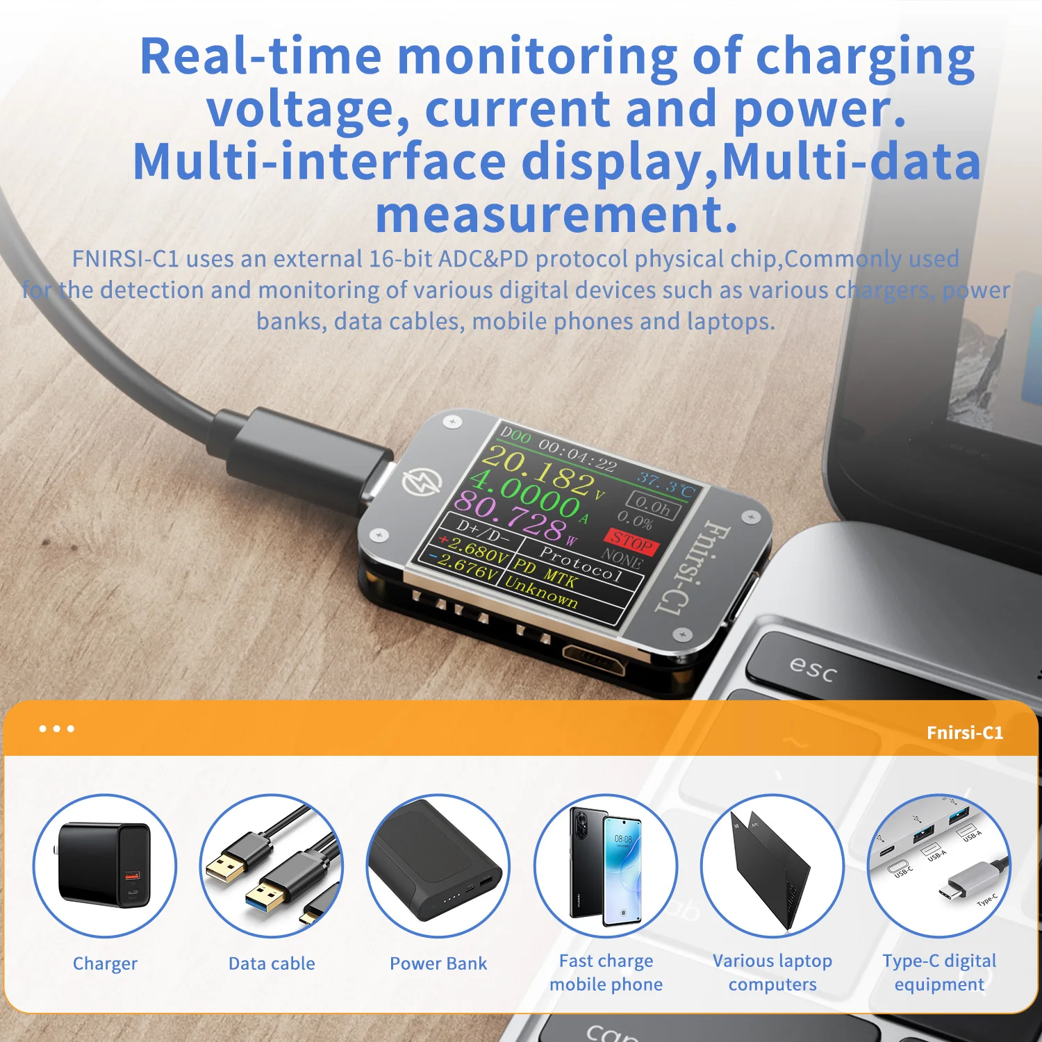 FNIRSI-C1 Usb Multifunction Tester Fast Charging Protocol Type-c Voltage Current Mini Tester Usb c Tester With PC Software