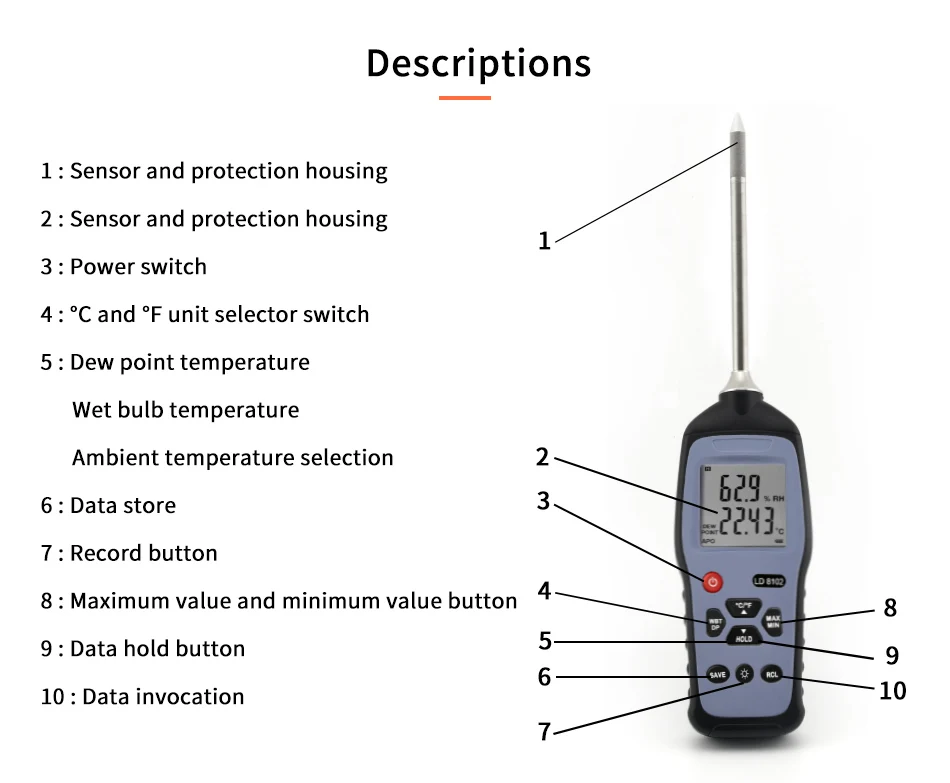 HK-J8A102 Multi-Functions RS485 thermometer hygrometer handheld temperature and relative humidity meter