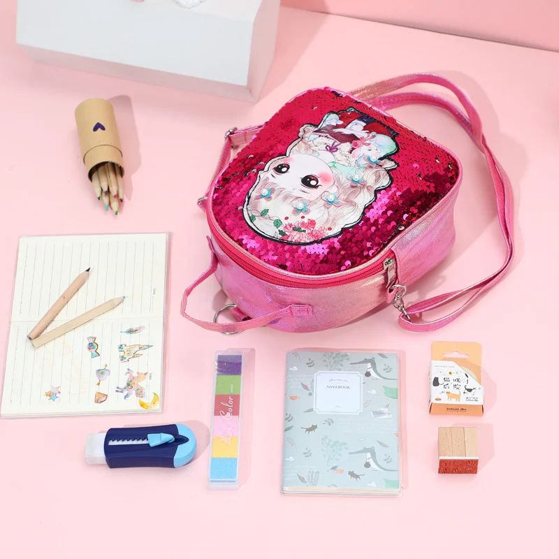 Custom kids backpack school bag Wholesale 2021 New Flash Cartoon Cute Girl Backpack Pu Children's Sequined School Bag