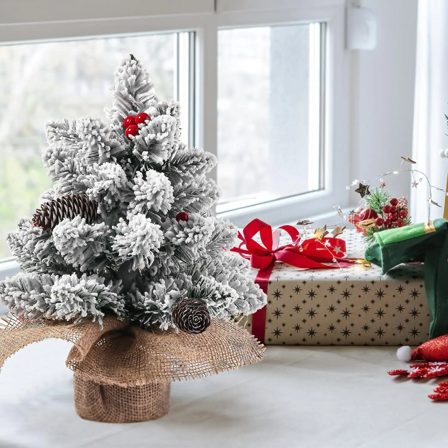 14inch Tabletop Artificial Mini Flocked Christmas Tree with Pine Cones and Berries for Christmas Table Home Decor