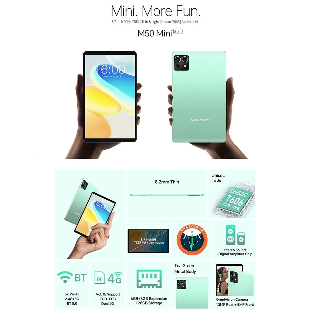 Teclast M50 Mini Wifi Tablet PC - 8.7inch Android 15 Octa Core