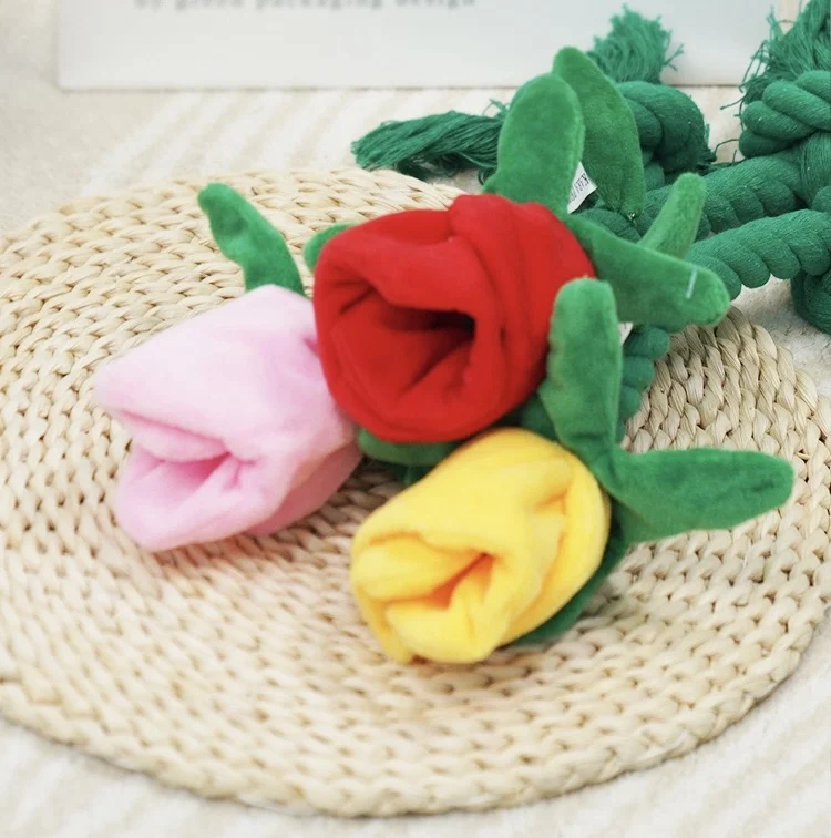 rose flower dog toy Custom Plush Cotton Rope Dog Chew Toys Rose Flower Dog Squeaky Hidden Food  Pet Toy for Valentine's Day