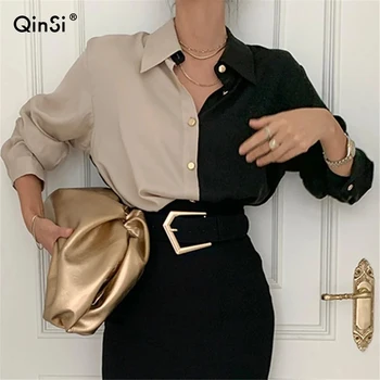 QINSI Women's blouse Ladies Patchwork Blouse Femme Women Blouse 2022 Chemise Femme Office Lady Button Up Turn Down Collar Shirt