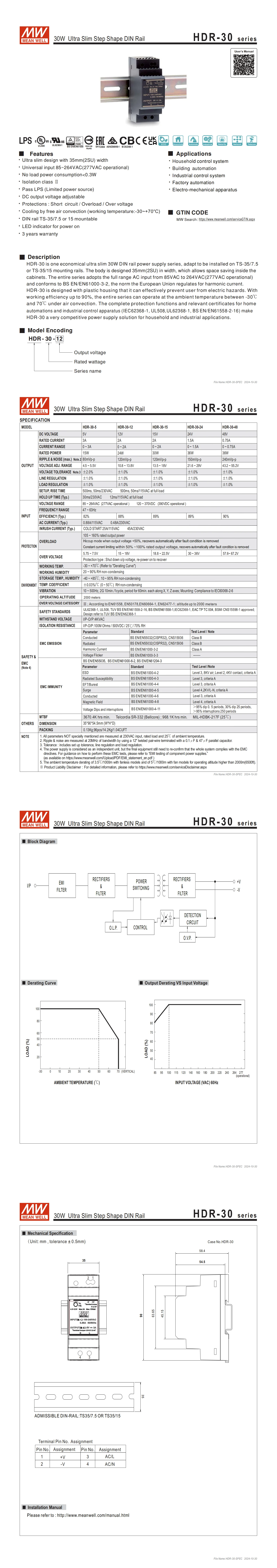 MeanWell Industry Single Output 10A Power Supply HDR-15-24/5/12 HDR-30-5/12/15/24/48v HDR-60-5/12/24/48 HDR-100-12/24/48N 48V