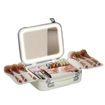 Smart LED makeup Case With Mirror Large Capacity Fashion Portable Storage makeup box Travel cosmetic box with lighted mirror