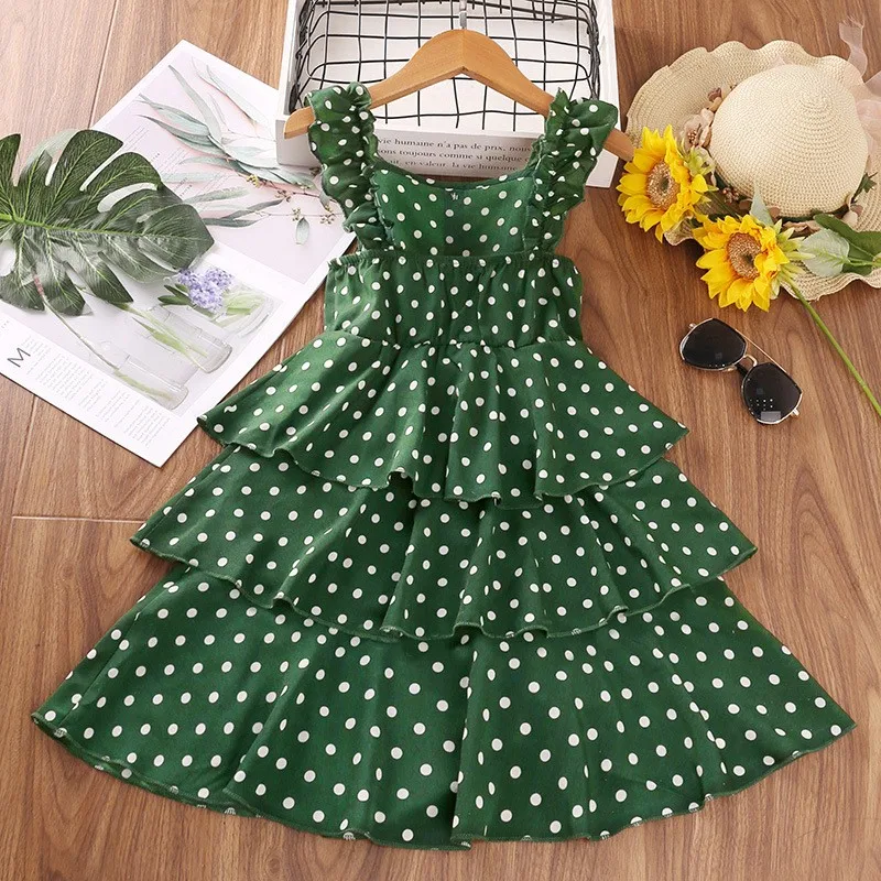 2022 Girls Summer Dot Pattern Kids Party Dresses for Children Ruffles Chiffon Dresses 6 8 10 12 14