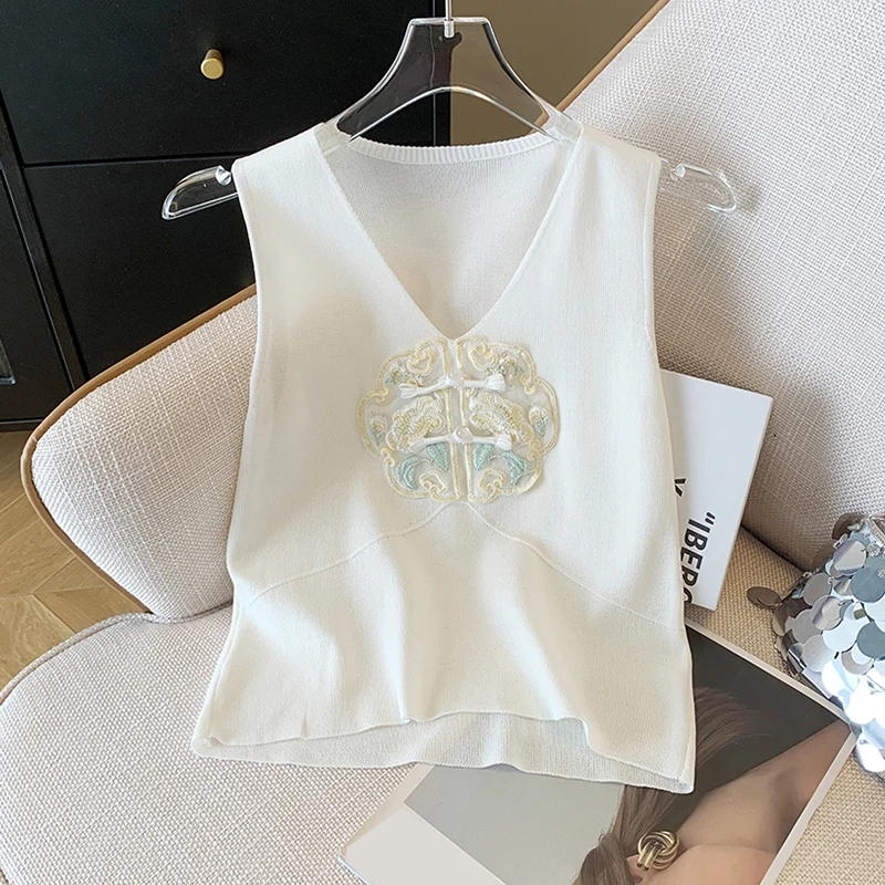 Summer Sleeveless Knitted T-Shirt V-neck Tank Top Women Fashion Ladies  Elegant Chic Embroidery Vest Women's Tops