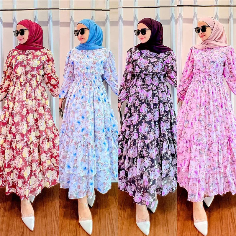 Muslim Ladies Floral Printed Long Sleeves Modest Dress Middle East ...