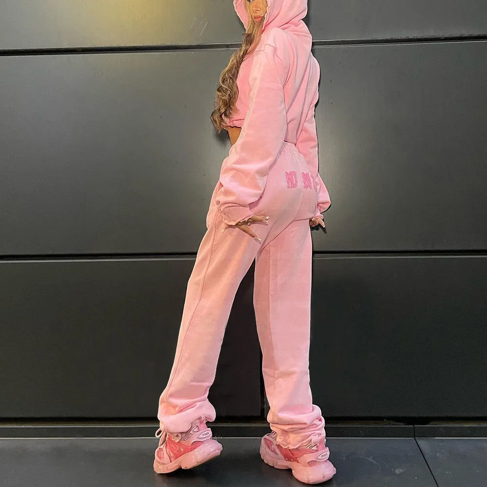 Custom Cropped Zip up Hoodie and Jogger Sets Embroidery Cotton French Terry Distressed Tracksuits Stacked Pants Sweatsuits Women gallery 6