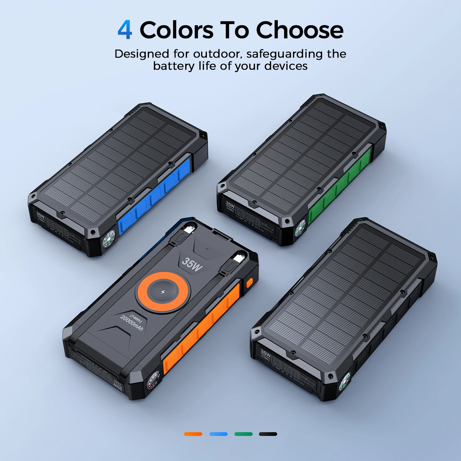Portable Solar Charger 20000mAh Fast Charging 35W Power Bank with Wireless Charging and LED Flashlight