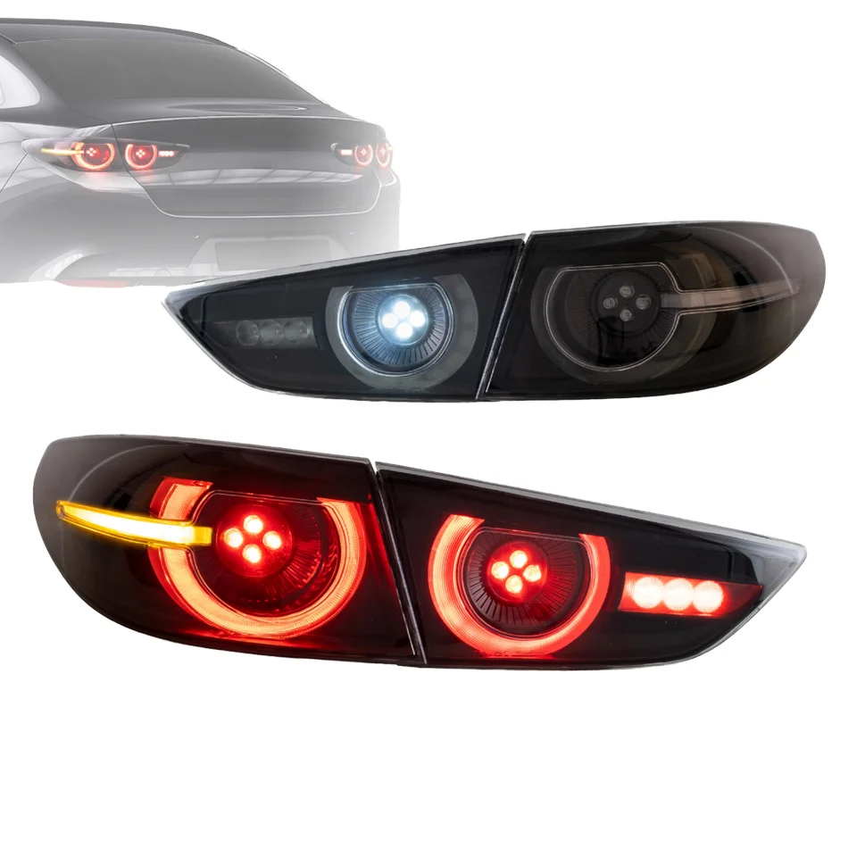 VLAND New Condition 12V Dynamic Welcome LED Tail Lights Clear Lens Red Yellow for 2019-2023 Mazda 3 Axela Sedan