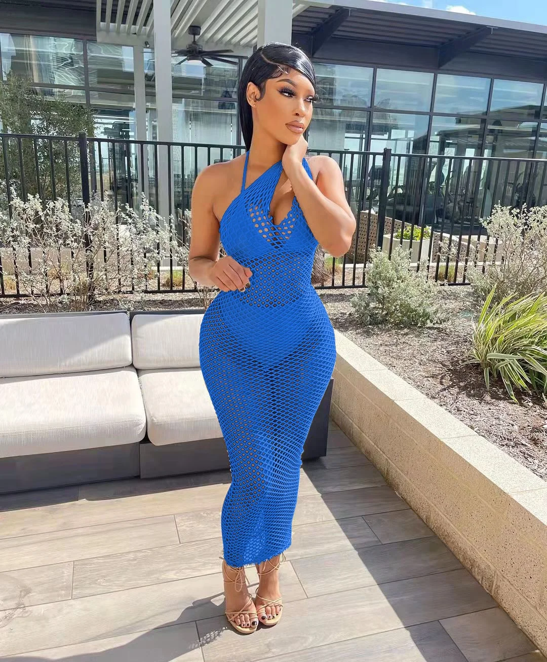 Women Sexy Dresses Summer Party Club Wear One Shoulder Black Bodycon Pencil  Dress Female Mesh Fishnet Dress