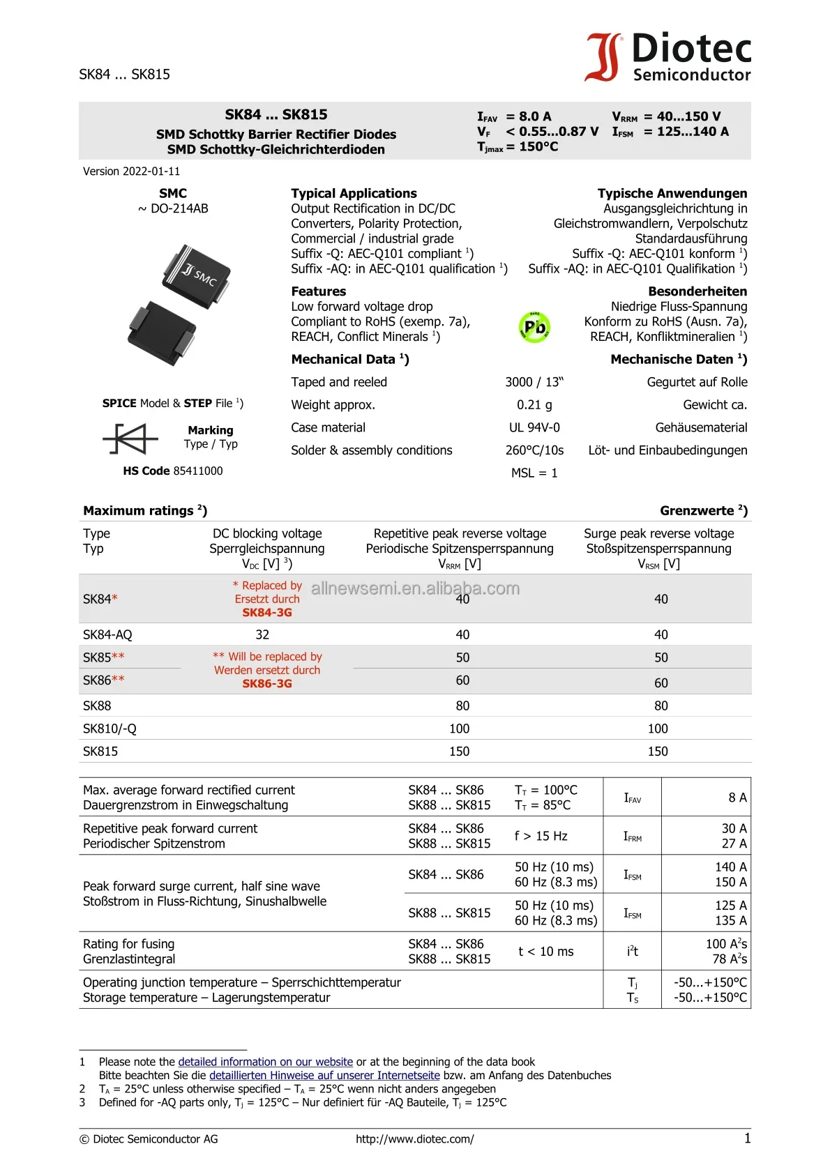 Hot sale Original SK810 Rectifier Single DIODE SCHOTTKY 100V 8A SMC Diode 100 V 8A Surface Mount DO-214AB (SMC)