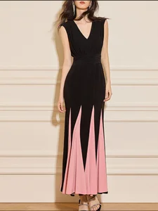 Custom Women's Summer Casual V-Neck Sleeveless Bodycon Fishtail Maxi Dress Knit Embroidery