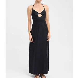OEM/ODM Hot Sale Summer Solid Causal Sexy Elegant Fit Black Linen Dress Sleeveless Deep V-Neck Hollow Out Maxi Dress