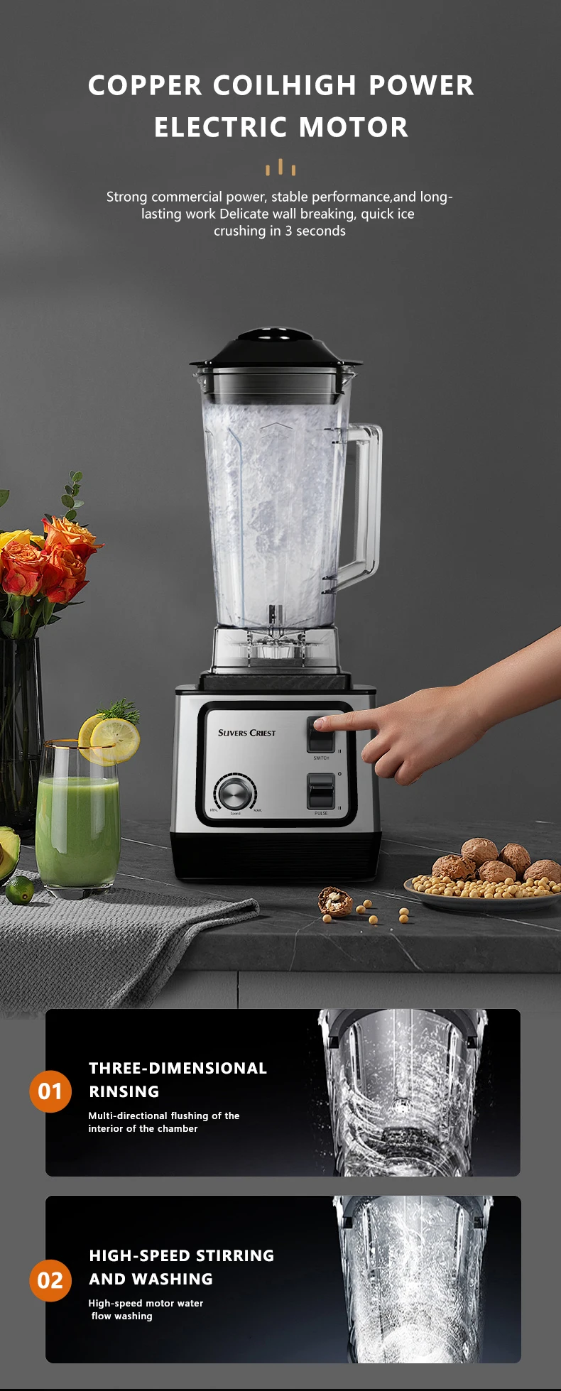 Silver Crest Blender 1500W 2L Large Capacity Commercial With Mixer Grinder Heavy Duty Machine Portable Ice Smoothie Blenders
