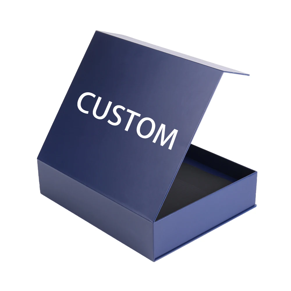 Scatola regalo blu di lusso personalizzata con apertura a ribalta magnetica, in carta rigida con effetto rilievato e rivestimento interno in spugna, per un’elegante confezione regalo aziendale.