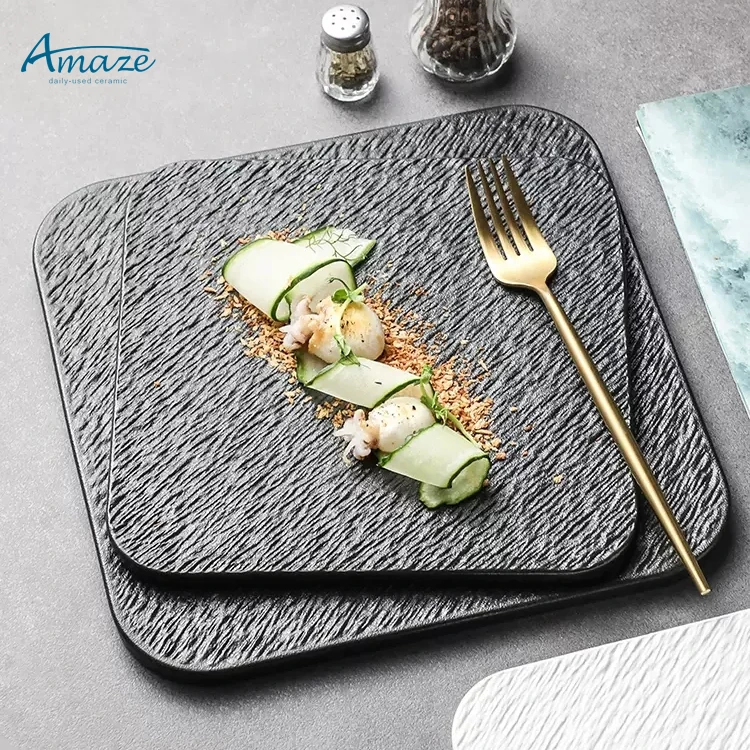Hot Sale Embossed Matte Flat Serving Dish square Plates Sets Dinnerware  Ceramic Dinner Plate for Restaurant