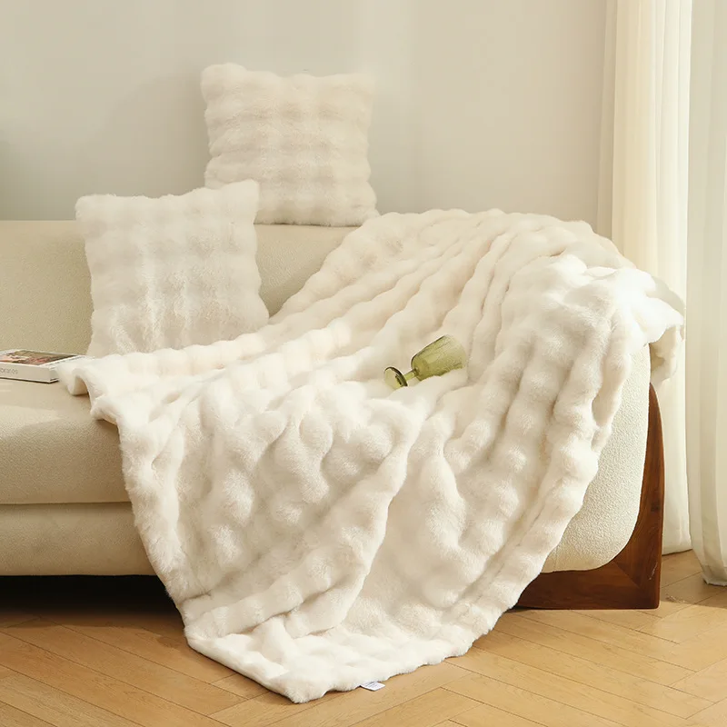 Light Luxury Polyester Faux Fur Leather Rex Rabbit Velvet Winter Sofa Bed  Throws Blankets Thickened Double Layer Blanket