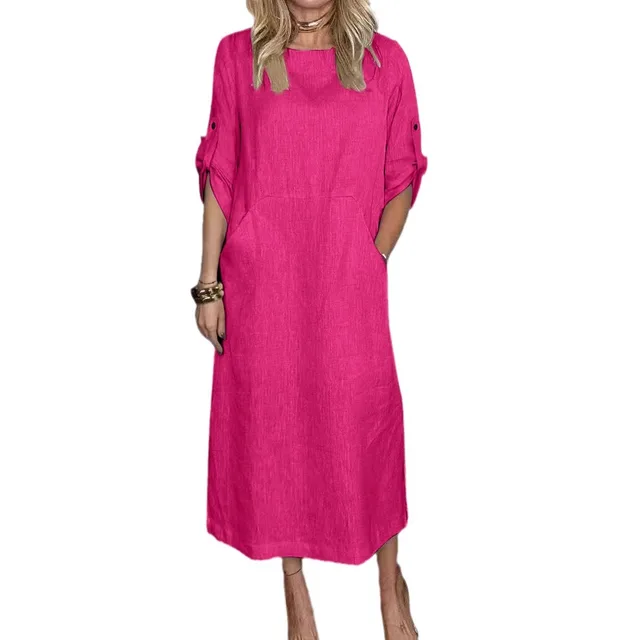 1103 Linen Mama Daily Loose Round Neck Dress Plus Size Casual Cotton Premium Women Cloth Long Black Modern Colors European Style