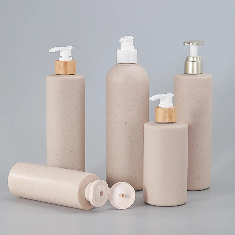Customize Logo Empty Biodegradable 300ml 500ml Wheat Straw Plastic Shampoo Lotion Bottle With Pump Dispenser