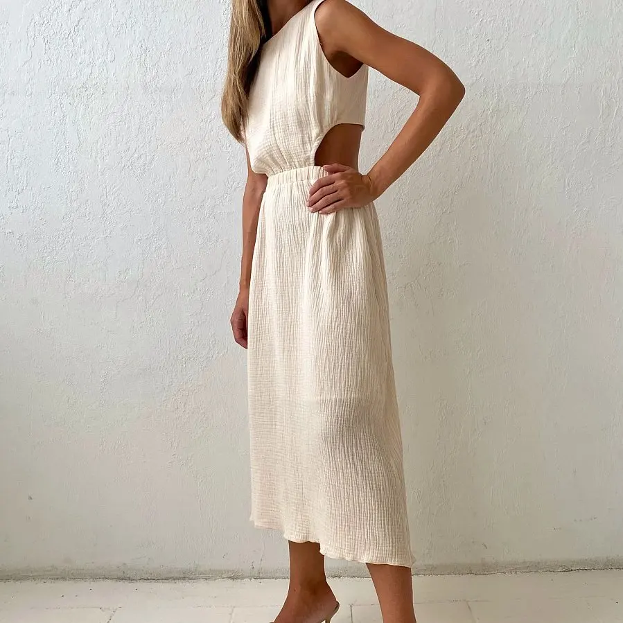 Enyami Summer Boho Chic Cozy Fit Elegant 100% Cotton Creped Favric Sleeveless Hollow Out Design Casual Women Dresses with Lining