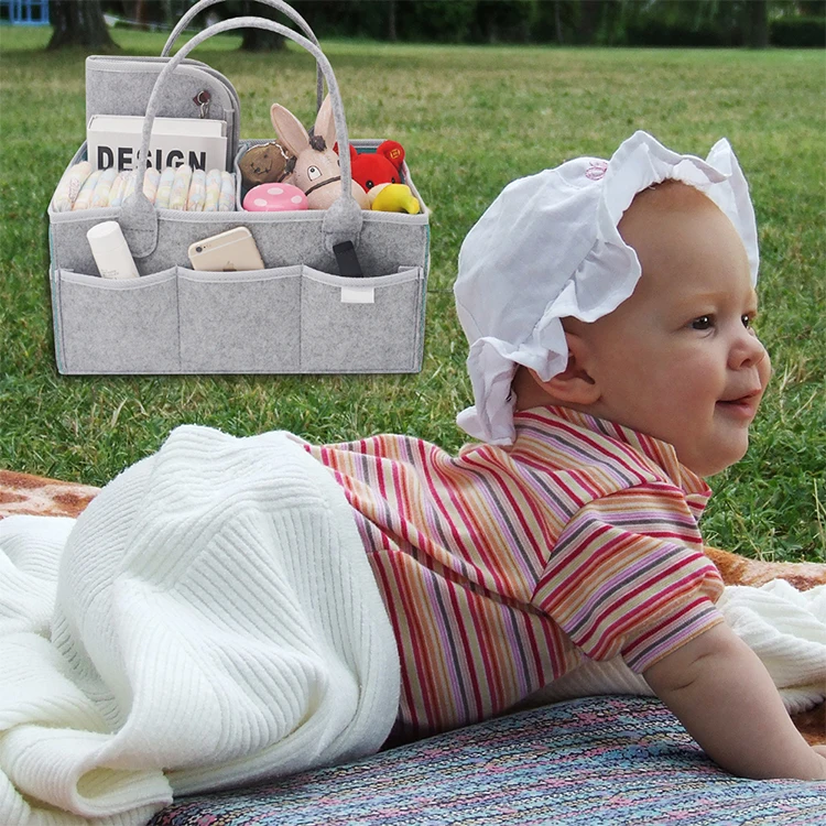 Soft Felt Diaper Bag Large Portable Felt Baby Diaper Storage Caddy With Waterproof Liner