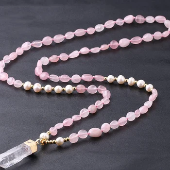 Gold-plated natural white quartz pendant rose quartz amazonite opal mixed pearl beaded long necklace