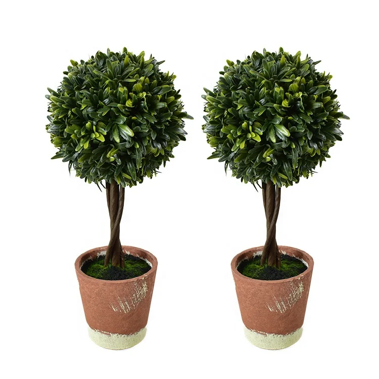 Artificial Boxwood Topiary Tree  Potted Faux Plant Balls in Brown Pulp Planter Tabletop Home